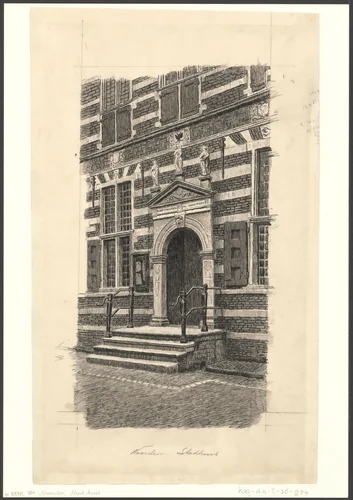Gezicht op de ingang van het stadhuis van Naarden by anonymous, drawing, 1875-1975