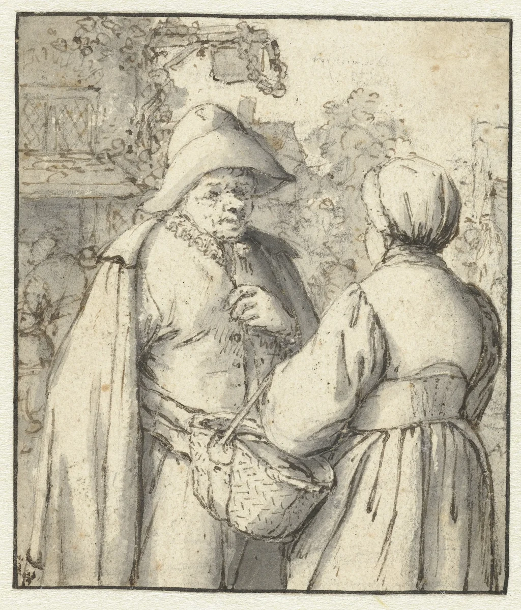 Man and Woman Conversing in Front of an Inn by Adriaen van Ostade, drawing, 1620-1685