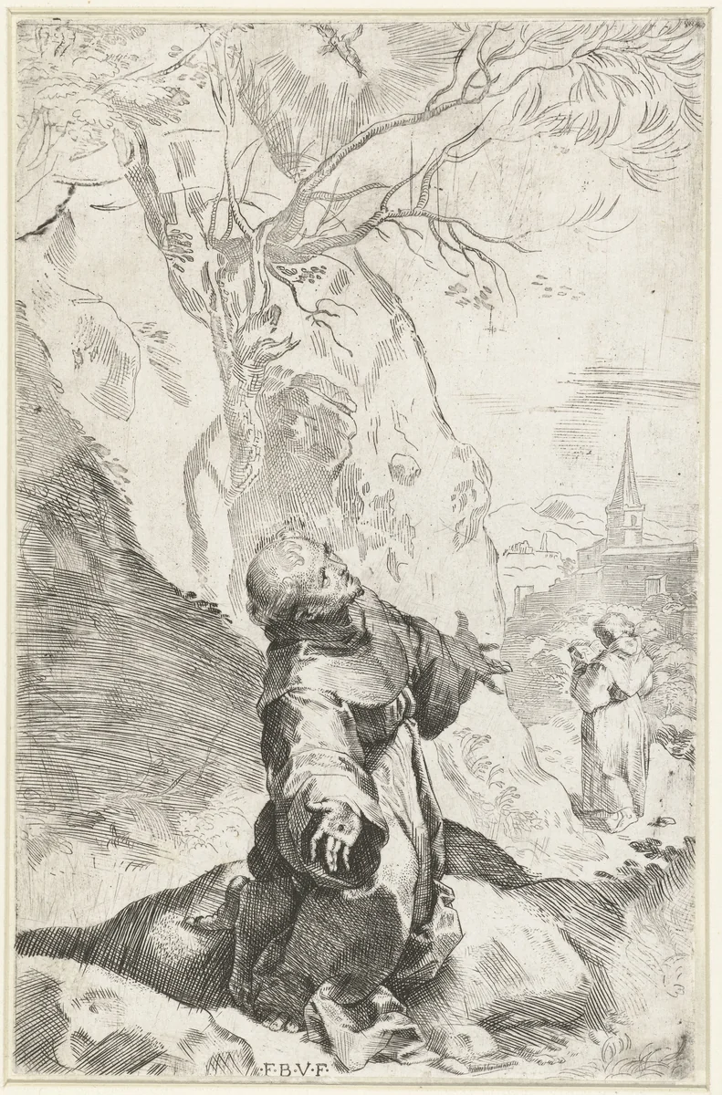 Stigmatisatie van de Heilige Franciscus by Unknown, print, 1581-1585