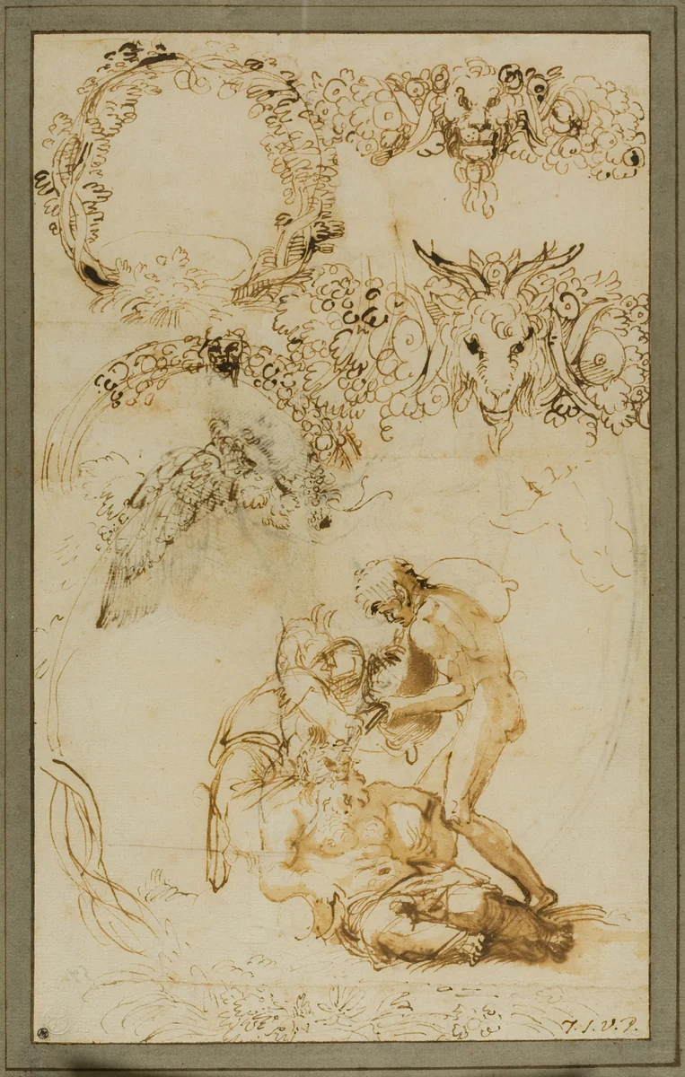 Drunken Silenus and Decorative Sketches: Studies for the Tazza Farnese (recto); Two Putti Fighting: Study for the Galleria Farnese (verso) by Annibale Carracci, drawing, 1599-1601
