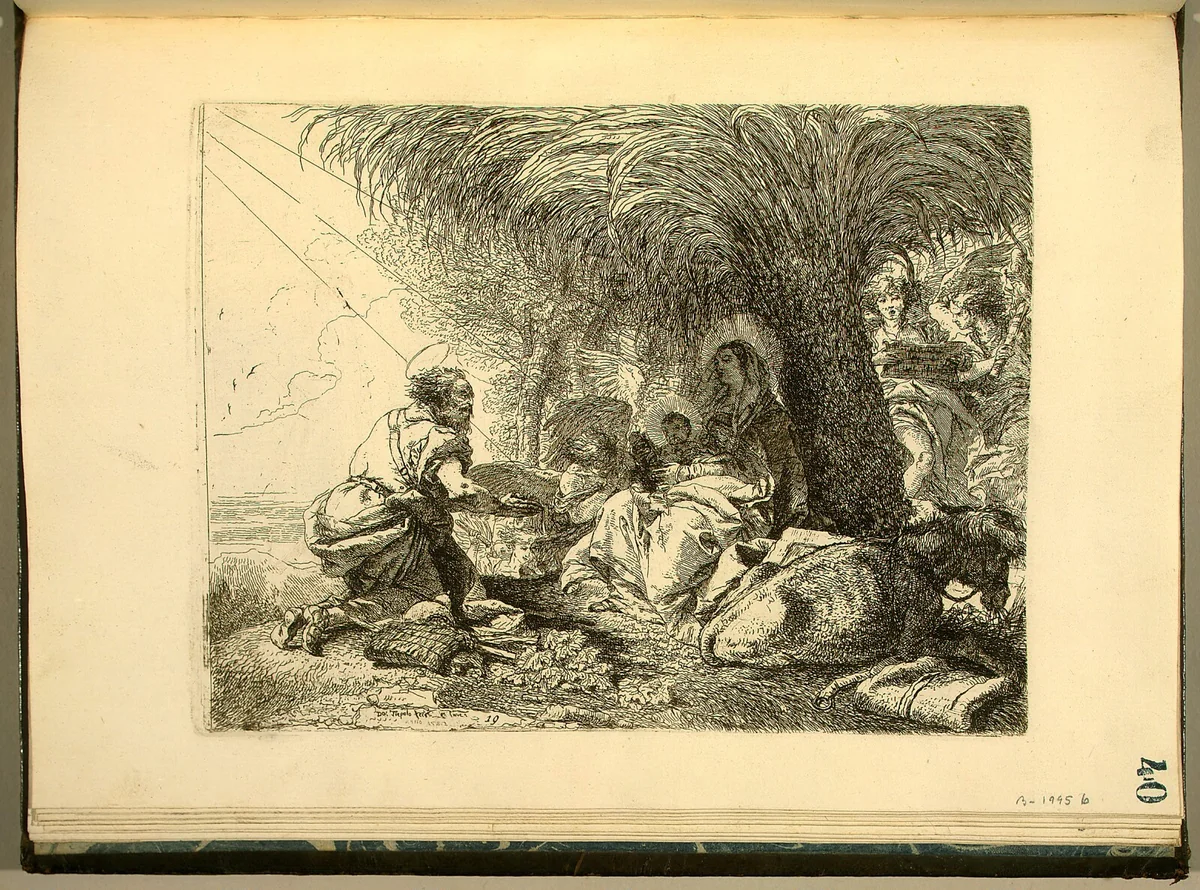 The Rest on the Flight with Joseph in Adoration by Giovanni Domenico Tiepolo, print, 1752