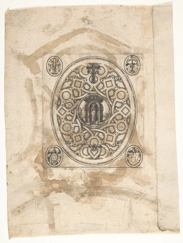 The standing Virgin with an elaborate ornamental frame by anonymous, print, 1600-1700