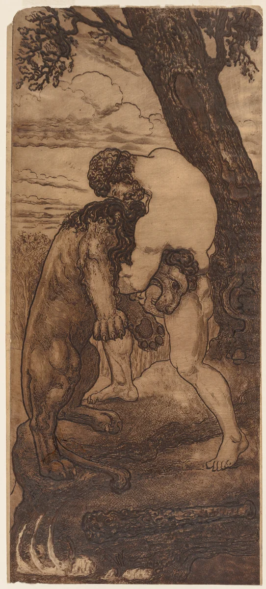 Hercules and the Nemean Lion by Henri-Arthur Lefort des Ylouses, print, 1893-1903