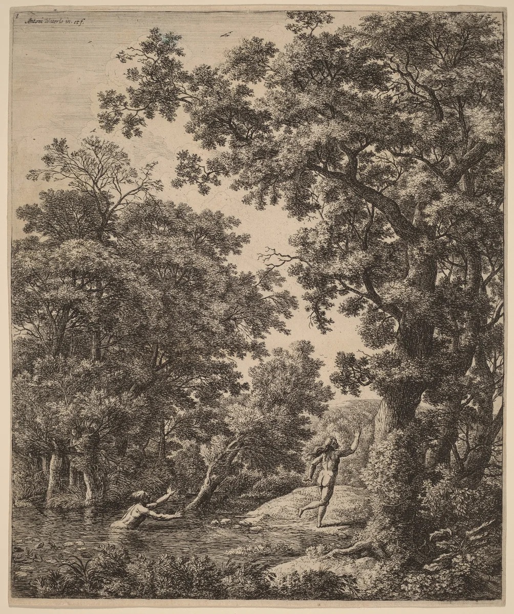 Landscape with Alpheus and Arethusa by Anthonie Waterloo, print, 1609-1690