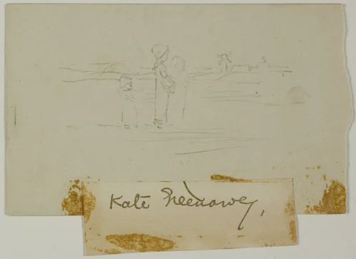 Three Figures in a Landscape with a Windmill by Kate Greenaway, drawing, 1889-1899