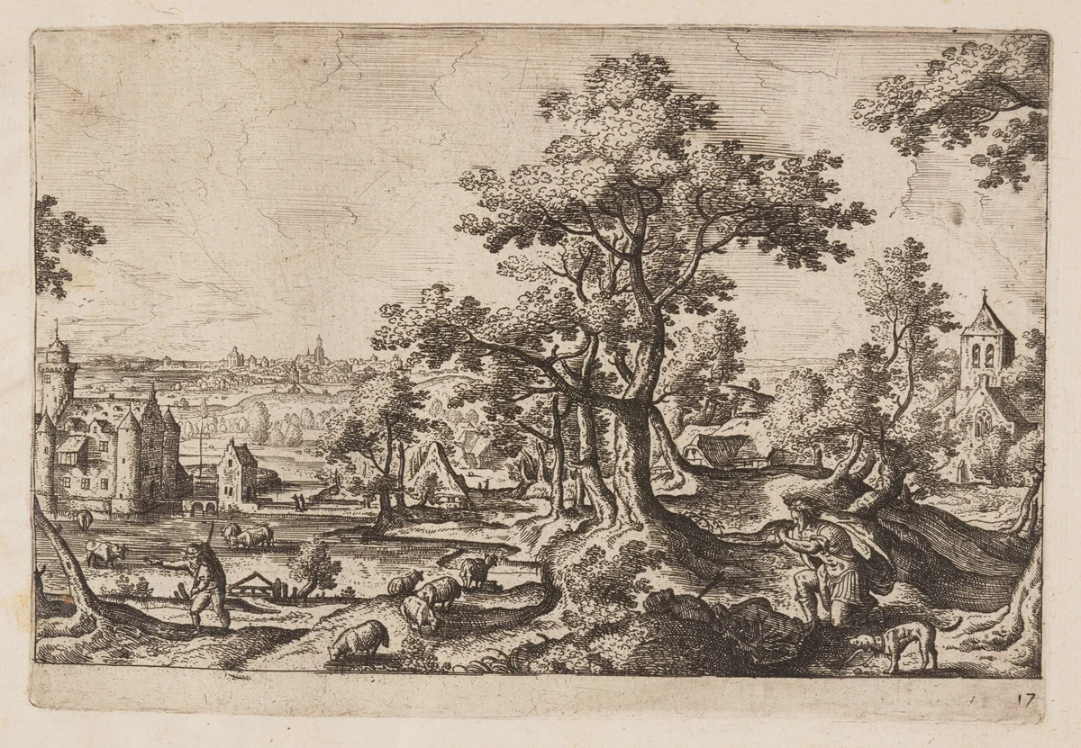 Plate 17, from Landscapes with Scenes from the Old and New Testament and Ovid’s Metamorphoses by Hans Bol, print, 1574