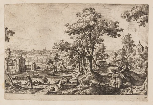 Plate 17, from Landscapes with Scenes from the Old and New Testament and Ovid’s Metamorphoses by Hans Bol, print, 1574