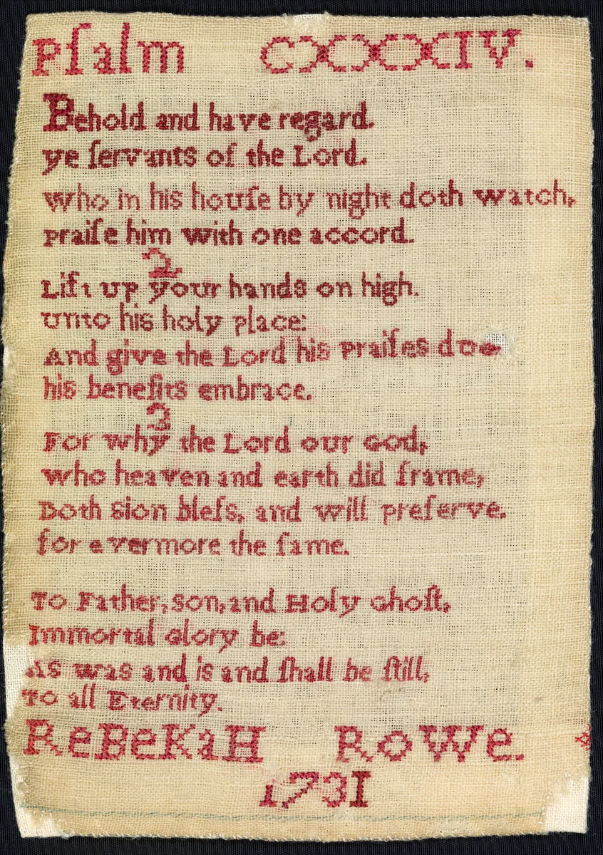 Sampler made at a charity school by Rebekah Rowe, textile, 1731