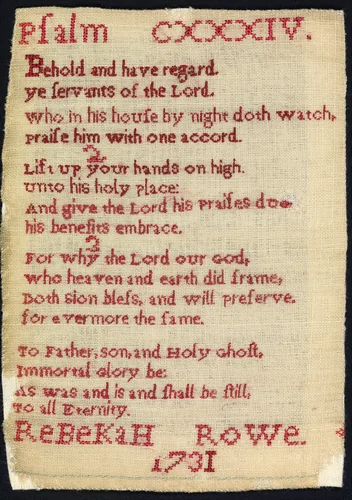 Sampler made at a charity school by Rebekah Rowe, textile, 1731
