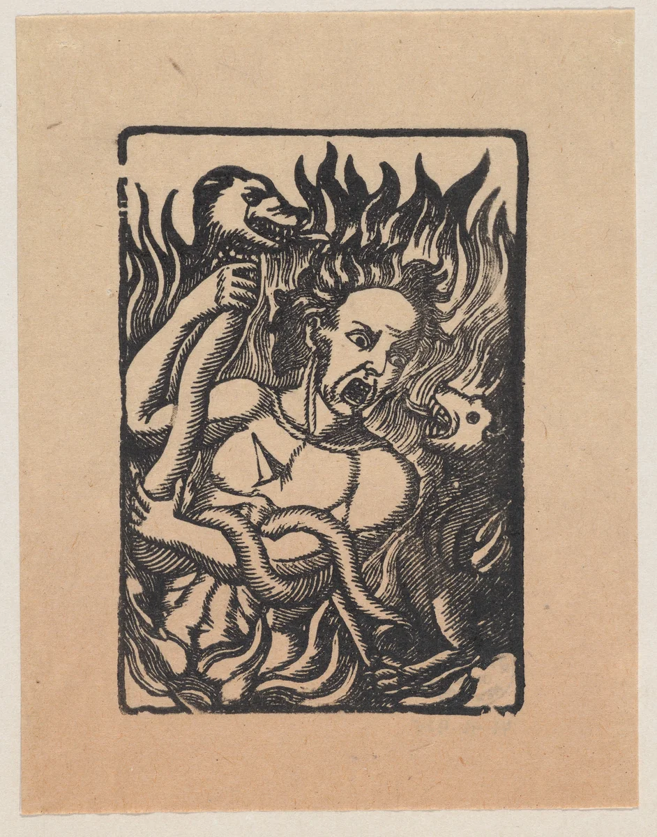 Figure pierced by an arrow, holding a serpent and surrounded by flames by José Guadalupe Posada, print, 1890-1910