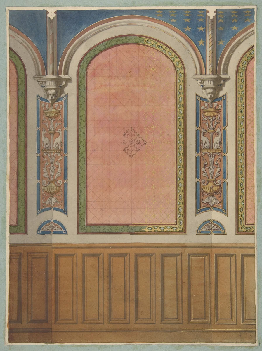 Design for the decoration of wall with wood panels and arched bays by Jules-Edmond-Charles Lachaise, drawing, 1850-1900