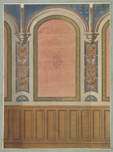 Design for the decoration of wall with wood panels and arched bays by Jules-Edmond-Charles Lachaise, drawing, 1850-1900