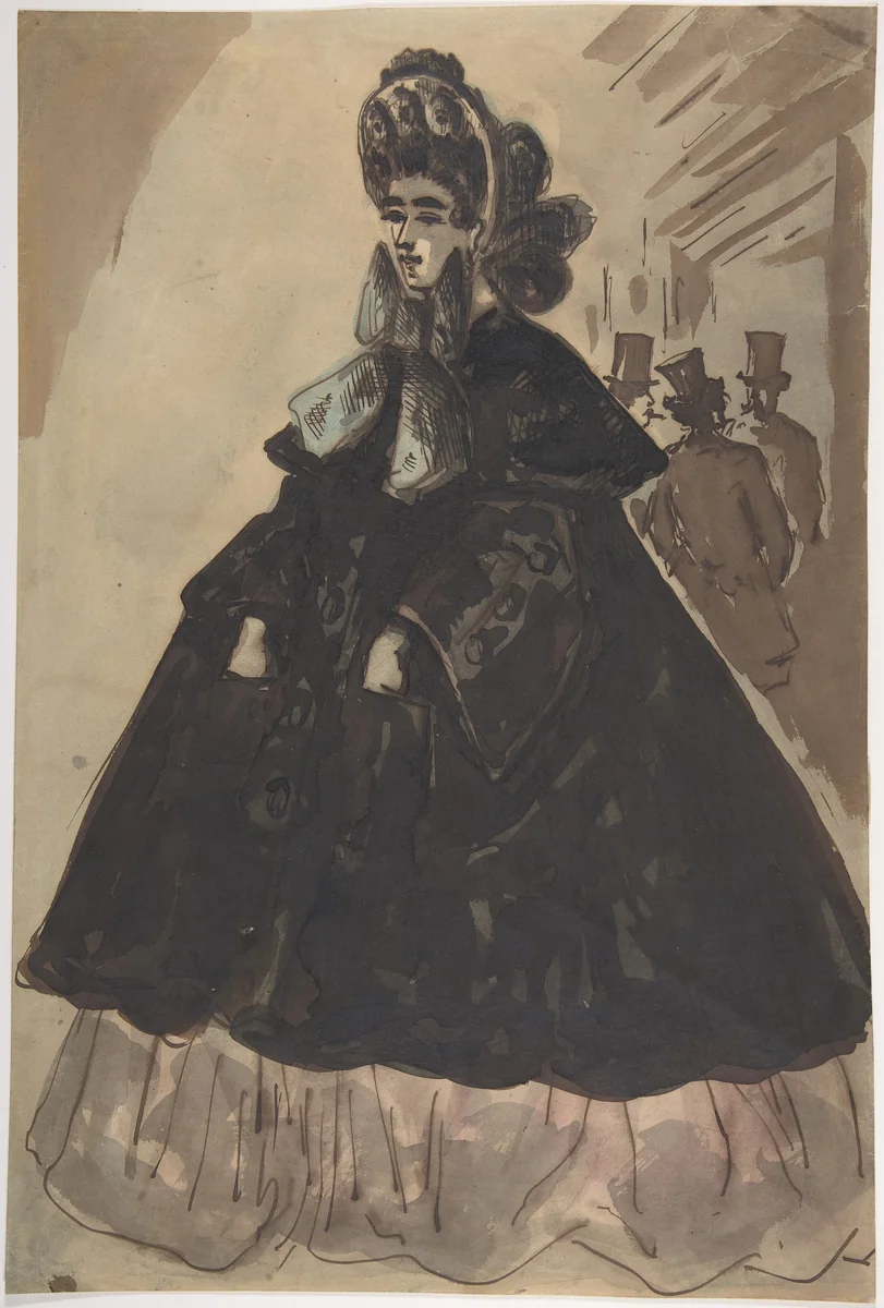 A Lady in a Bonnet and Coat by Constantin Guys, drawing, 1815-1892