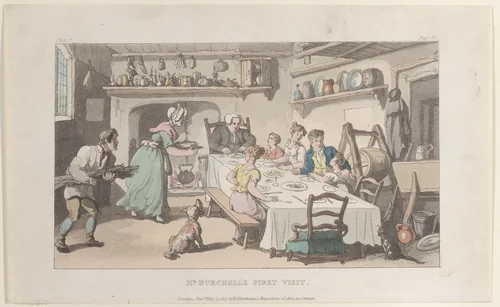 Mr. Burchell's First Visit, from "The Vicar of Wakefield" by Thomas Rowlandson, print, 1817