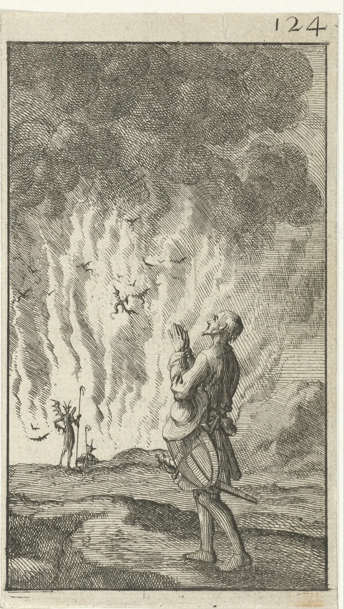 Christen loopt biddend langs de hel by Jan Luyken, print, 1684