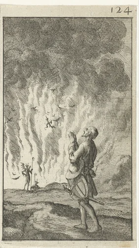 Christen loopt biddend langs de hel by Jan Luyken, print, 1684