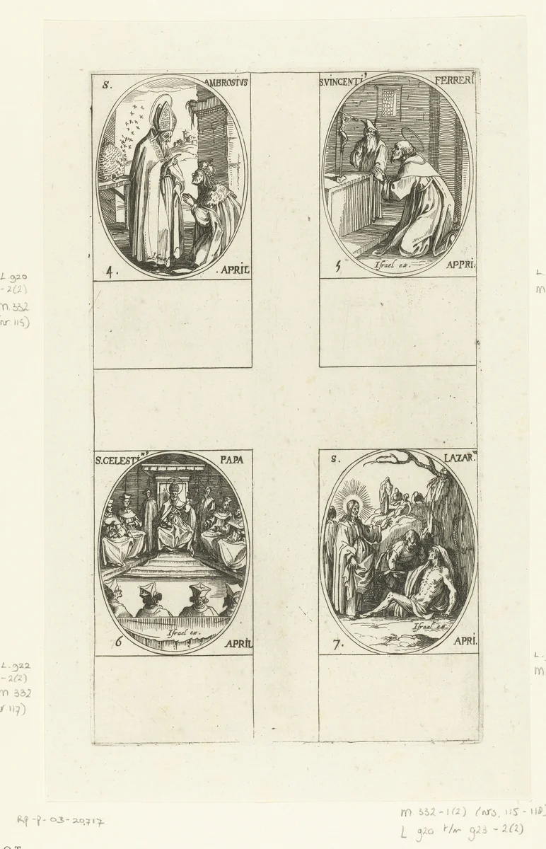 Heilige Ambrosius van Milaan, Heilige Vincentius Ferrerius, Heilige Coelestinus I, Heilige Lazarus van Betanië (4-7 april) by Jacques Callot, print, 1632-1636