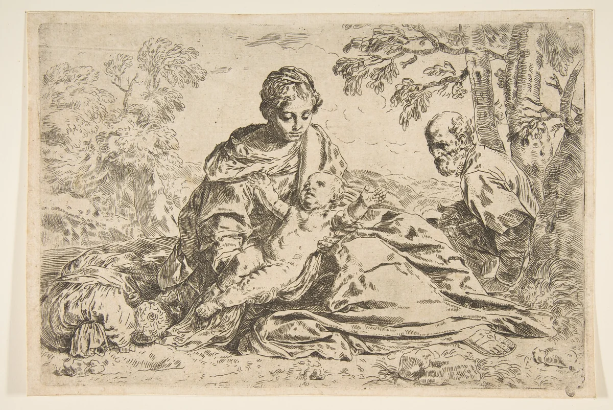 Rest on the flight into Egypt, Mary holding the infant Christ with St. Joseph at right, copy after Cantarini by Simone Cantarini, print, 1620-1630