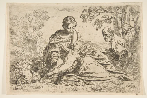 Rest on the flight into Egypt, Mary holding the infant Christ with St. Joseph at right, copy after Cantarini by Simone Cantarini, print, 1620-1630