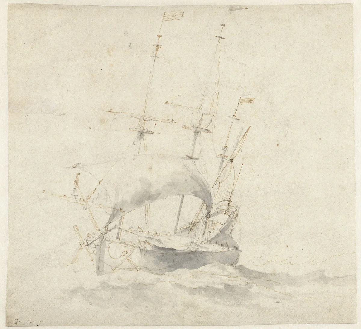 Fluitschip op onrustige zee by Willem van de Velde, drawing, 1643-1707