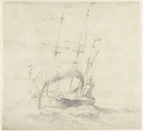 Fluitschip op onrustige zee by Willem van de Velde, drawing, 1643-1707
