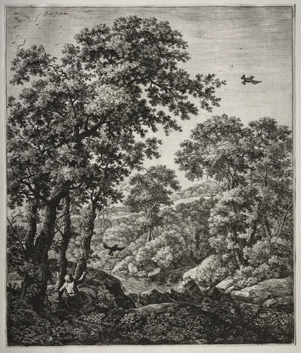 Six large upright landscapes with scenes from the Old Testament: Elijah Fed by the Ravens by Anthonie Waterloo, print, 1640-1690