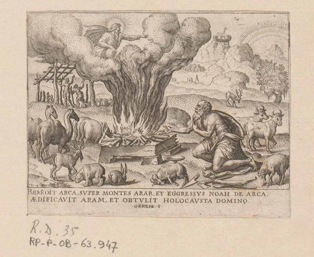 Offer van Noach na de zondvloed by anonymous, print, 1569