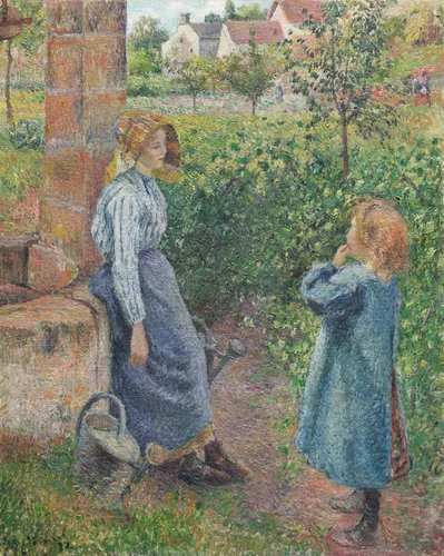 Woman and Child at the Well by Camille Pissarro, painting, 1882