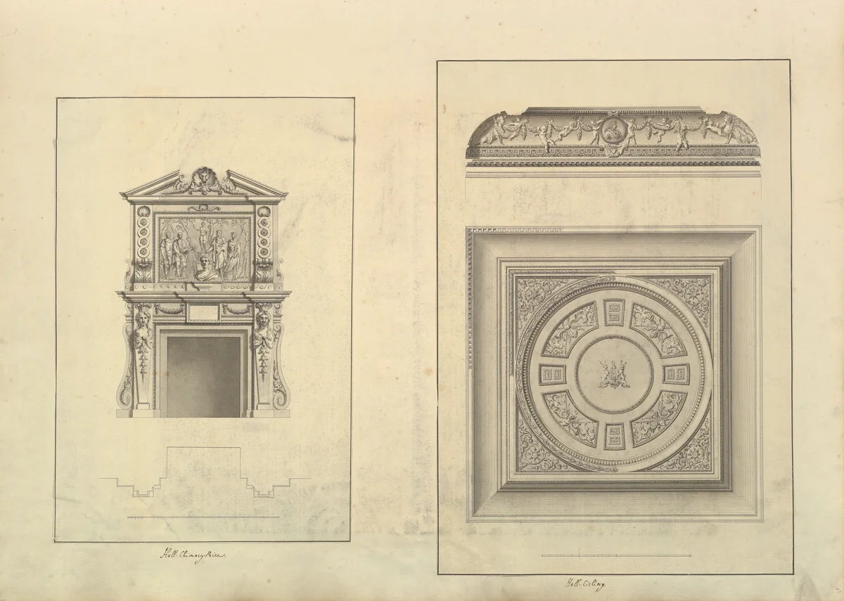 Leaf from Aedes Walpolianae mounted with two drawings: (a): Hall Chimney-Piece, Houghton Hall, Norfolk; (b): Hall Ceiling, Houghton Hall, Norfolk by Isaac Ware, drawing, 1735