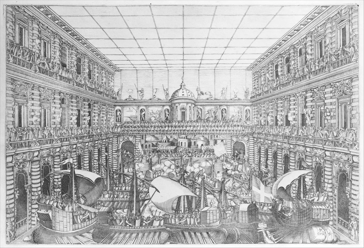 Naumachia in the Court of Palazzo Pitti, from an Album with Plates documenting the Festivities of the 1589 Wedding of Arch Duke Ferdinand I de’ Medici and Christine of Lorraine by Orazio Scarabelli, book, 1589-1592