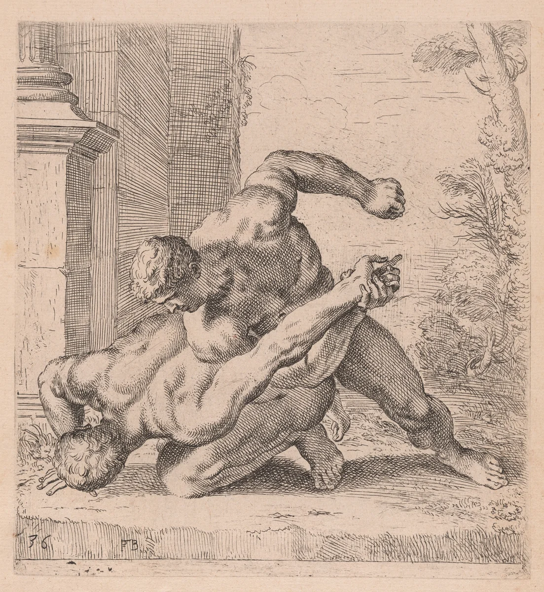 The Medici Wrestlers, side view, turned to left [plate 36] by François Perrier, print, 1638
