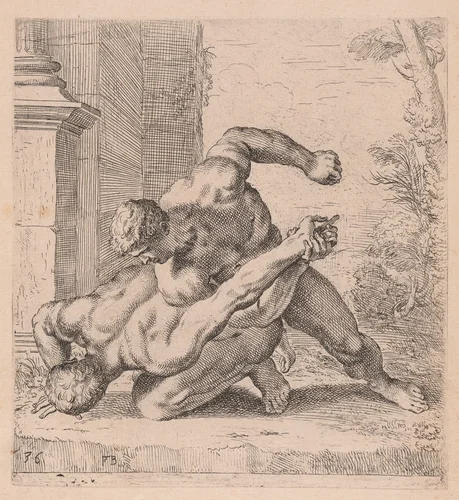 The Medici Wrestlers, side view, turned to left [plate 36] by François Perrier, print, 1638