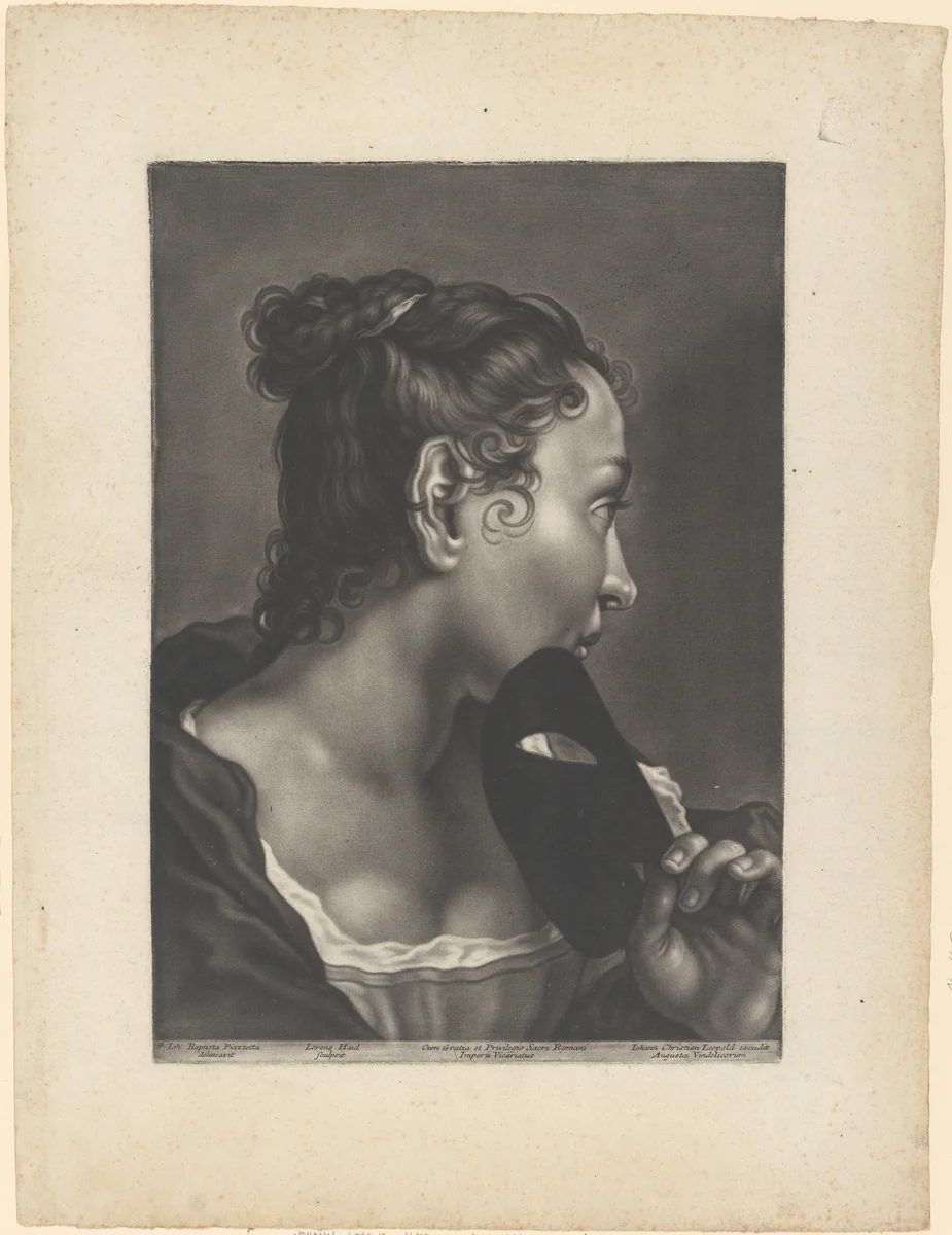 Portrait of a Young Woman Holding a Mask by Johann Lorenz Haid, print, 1745-1765