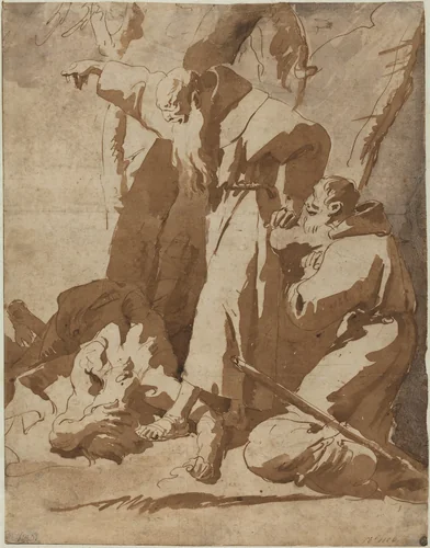 Two Monks with a Prostrate Man by Giovanni Battista Tiepolo, drawing, 1725