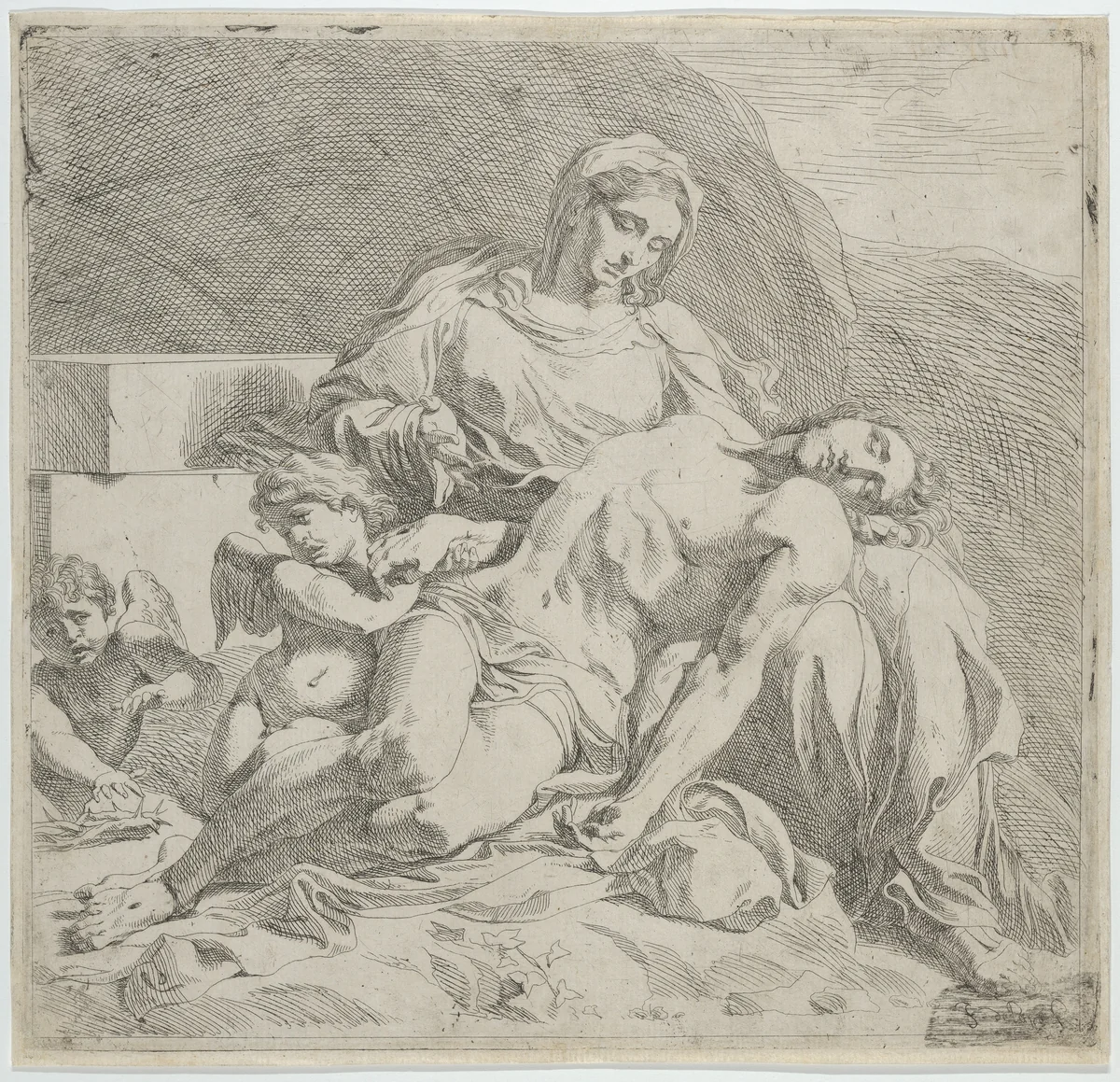 Pietà, the dead Christ supported by the Virgin, putti at the left by Joost de Pape, print, 1628-1651