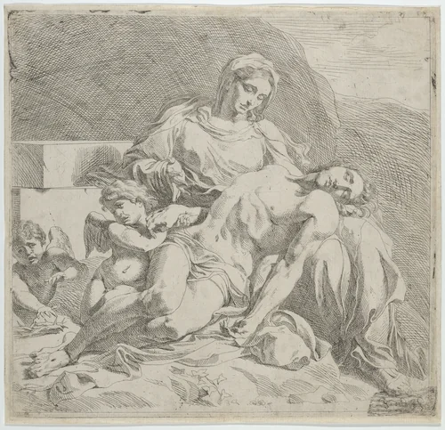 Pietà, the dead Christ supported by the Virgin, putti at the left by Joost de Pape, print, 1628-1651