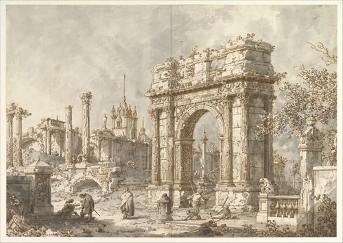 Capriccio with a Roman Triumphal Arch by Canaletto, drawing, 1720-1730
