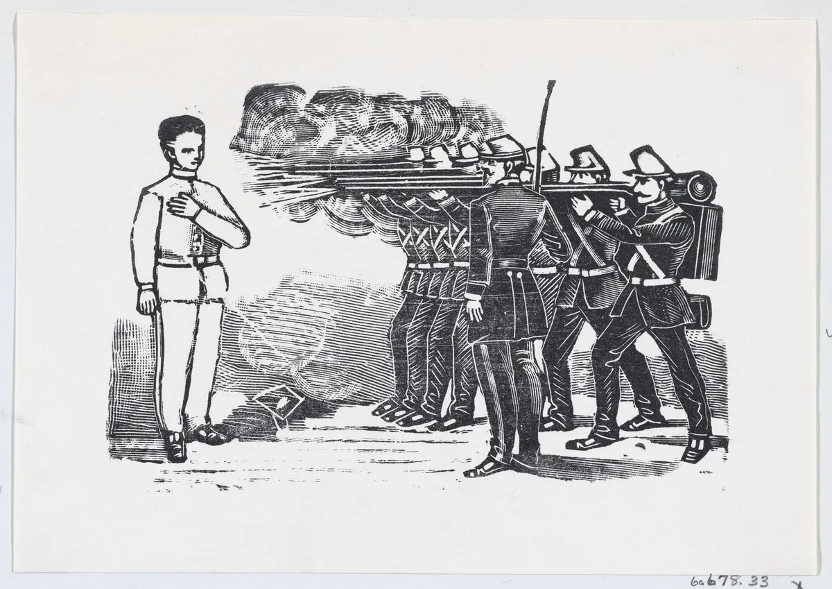Firing squad shooting a man with his left hand on his chest by José Guadalupe Posada, print, 1875-1885