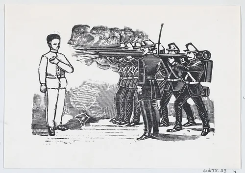 Firing squad shooting a man with his left hand on his chest by José Guadalupe Posada, print, 1875-1885