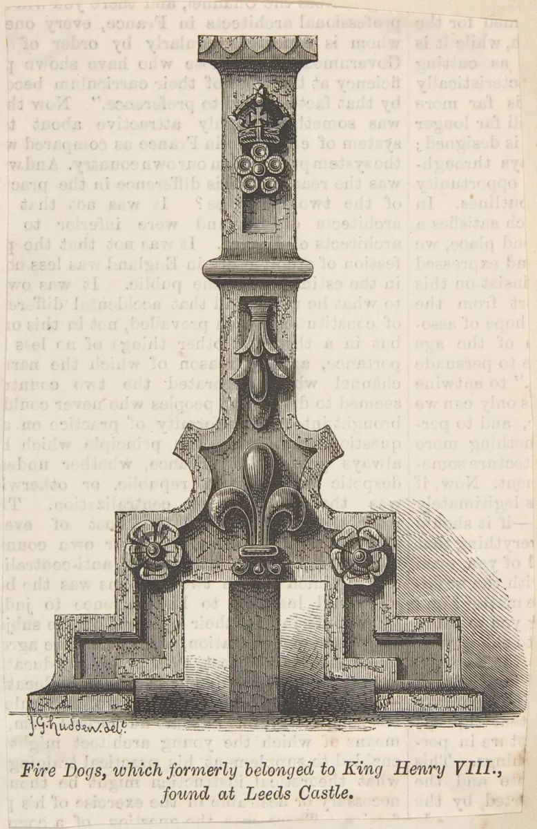 Fire Dogs which belonged to King Henry VIII, formerly found at Leeds Castle by anonymous, print, 1850-1900