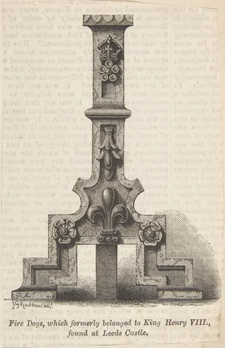 Fire Dogs which belonged to King Henry VIII, formerly found at Leeds Castle by anonymous, print, 1850-1900
