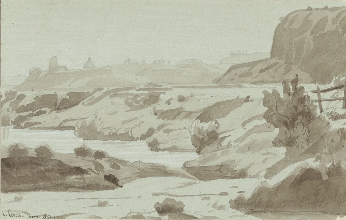 Gezicht in de romeinse Campagna met op de voorgrond een rivier by Felix Hippolyte Lanoüe, drawing, 1843