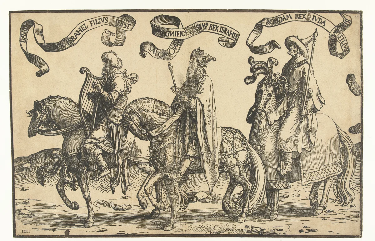 Koningen David, Salomo en Jerobeam by Lucas van Leyden, print, 1518-1522