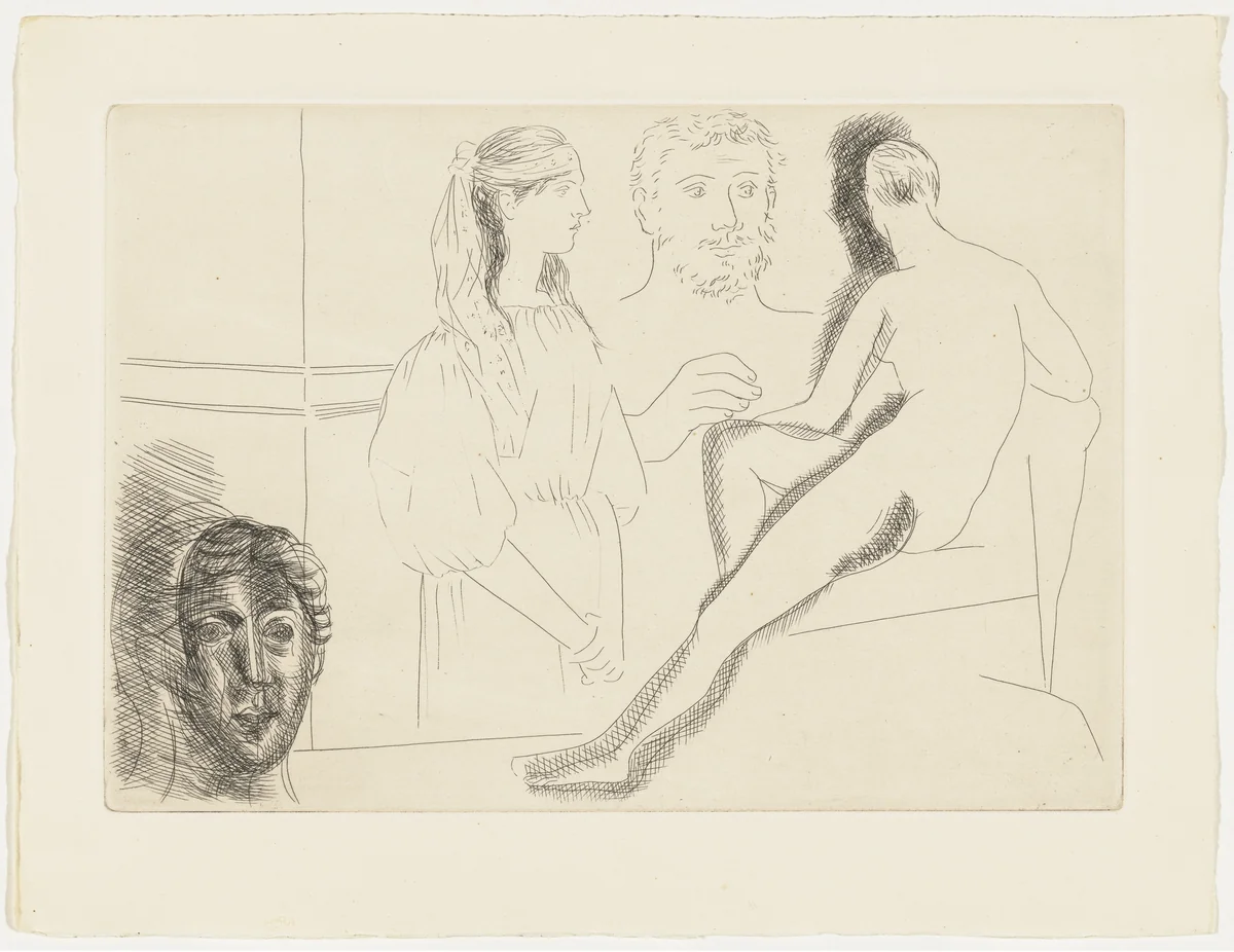 Sculptor Before His Sculpture, with Young Girl in a Turban and Sculpted Head from Le Chef-d'œuvre inconnu by Pablo Picasso, illustrated book, 1927