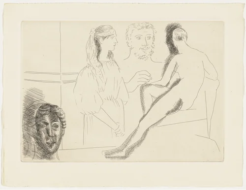 Sculptor Before His Sculpture, with Young Girl in a Turban and Sculpted Head from Le Chef-d'œuvre inconnu by Pablo Picasso, illustrated book, 1927