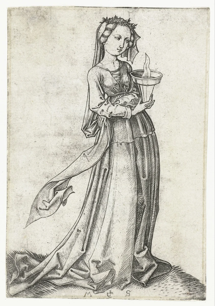 De vierde wijze maagd by Unknown, print, 1470-1491