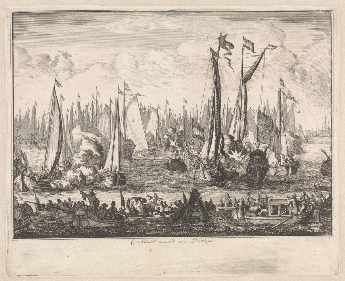 Spiegelgevecht ter ere van het bezoek van het Russisch gezantschap aan Amsterdam, augustus 1697 by Jan Luyken, print, 1697