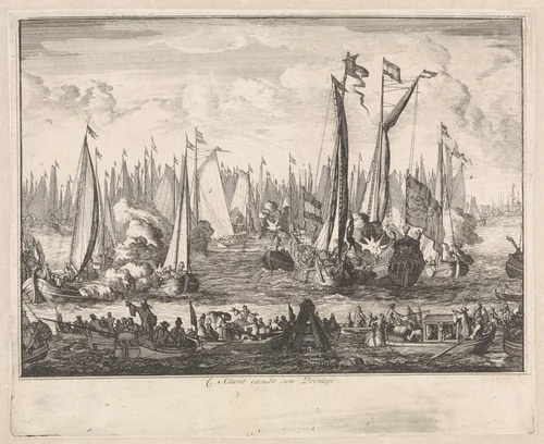 Spiegelgevecht ter ere van het bezoek van het Russisch gezantschap aan Amsterdam, augustus 1697 by Jan Luyken, print, 1697