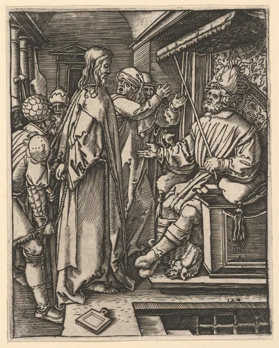 Christ standing, hands tied behind back, before Herod seated on throne, from "The Passion of Christ", after Dürer by Marcantonio Raimondi, print, 1495-1539
