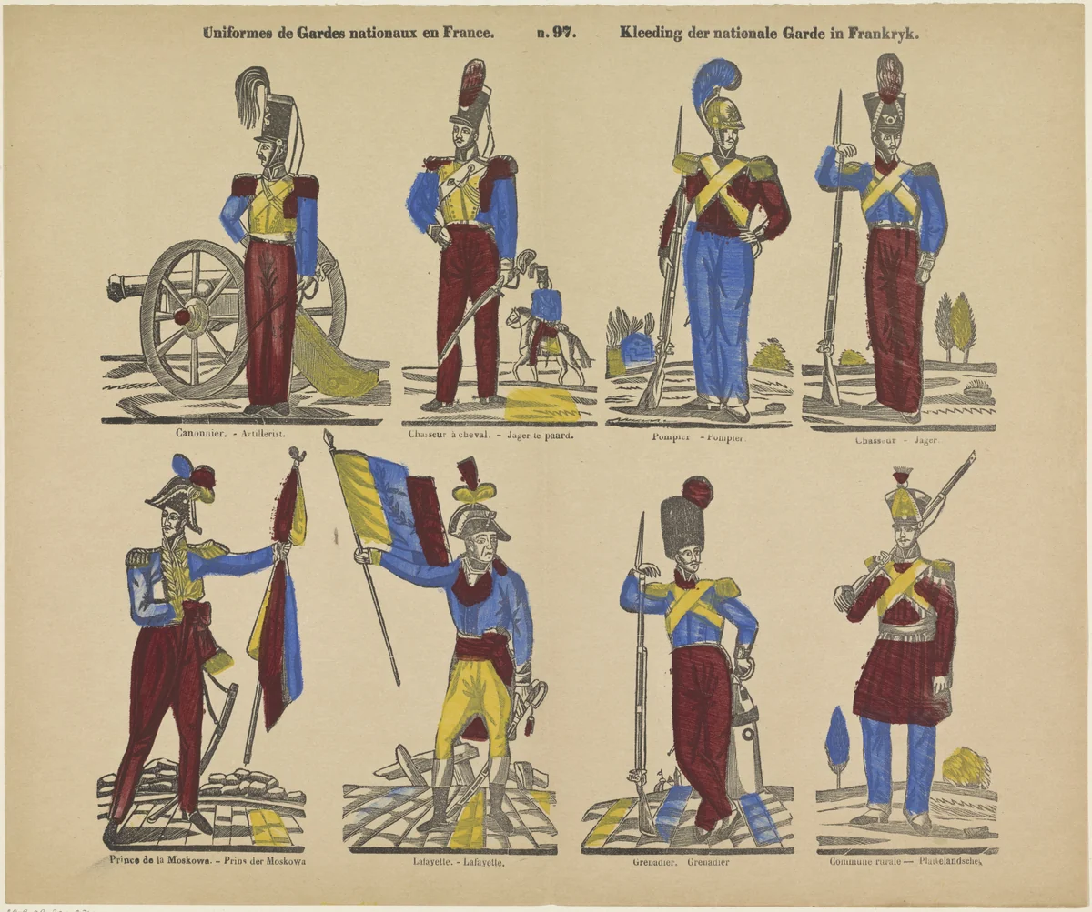 Uniformes de gardes nationaux en France / Kleeding der nationale garde in Frankryk by Philippus Jacobus Brepols, print, 1800-1833